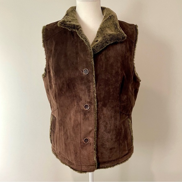 Eddie Bauer Jackets & Blazers - Vintage Eddie Bauer Seattle Brown Suede Faux Fur Lined Western Vest Size Large
